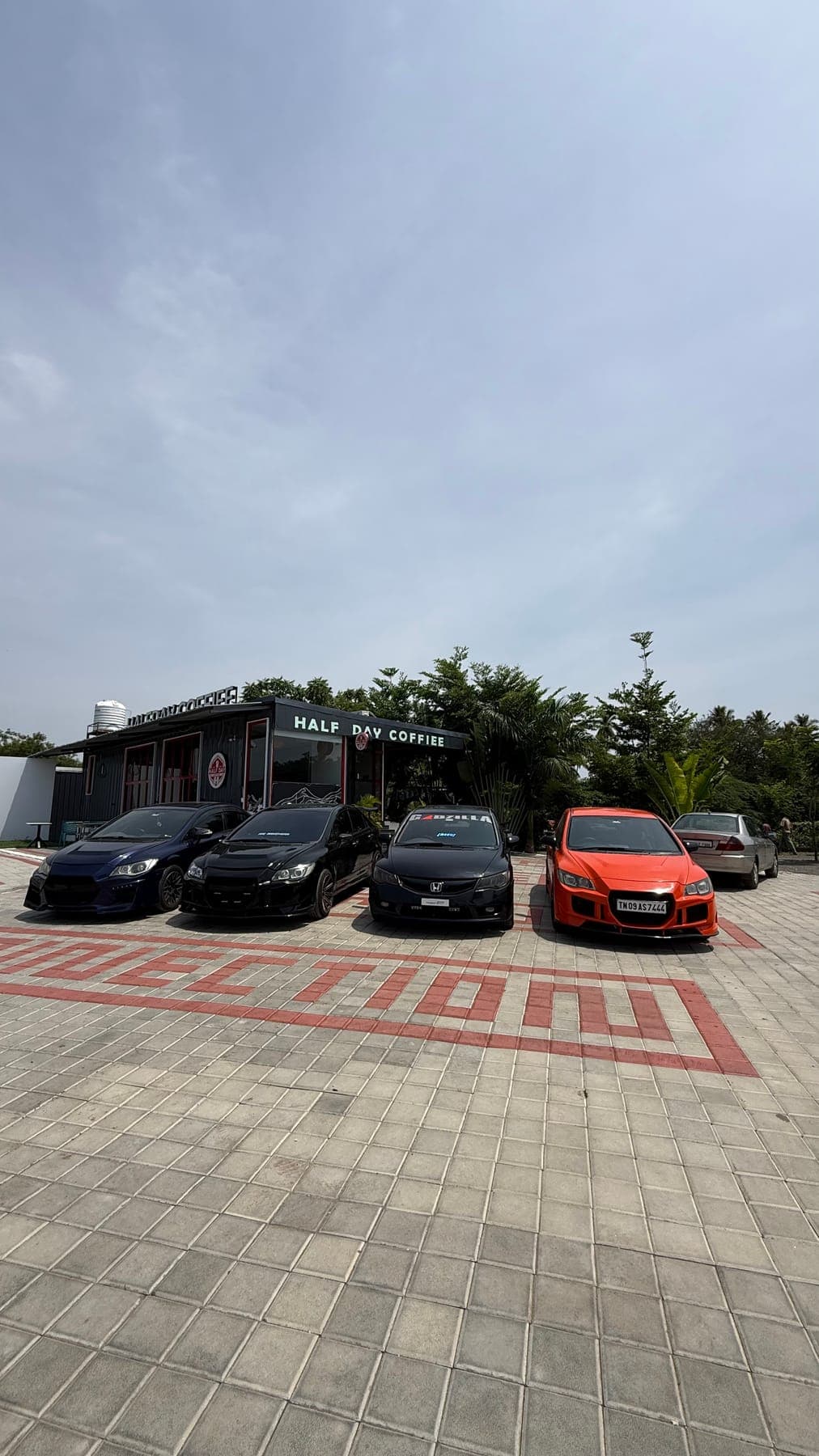 The forecourt on a cloudy afternoon